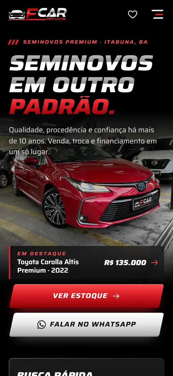 Site da FCAR Veículos, aberto no celular