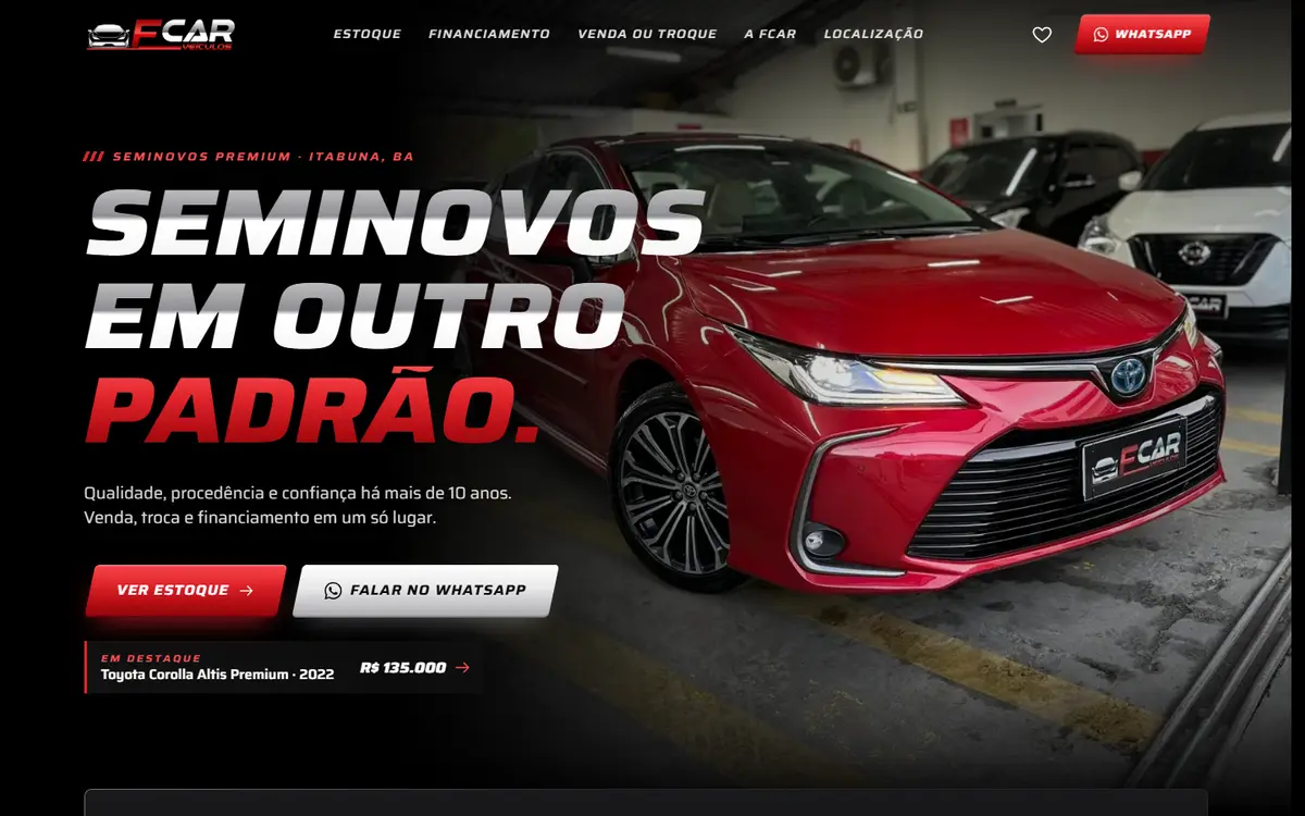 Site da FCAR Veículos, aberto no computador